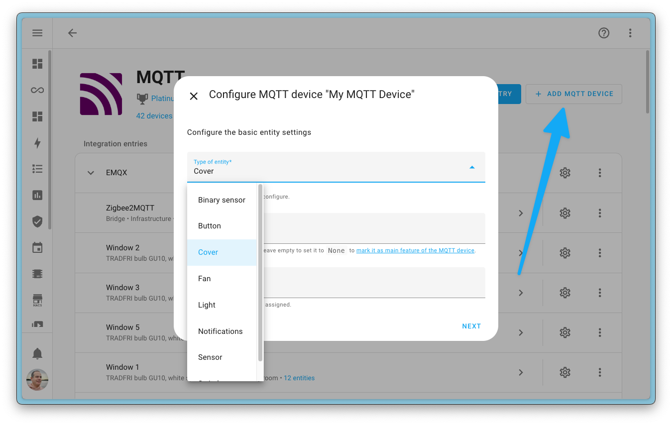 Screenshot showing how you can now add MQTT devices directly through the user interface.