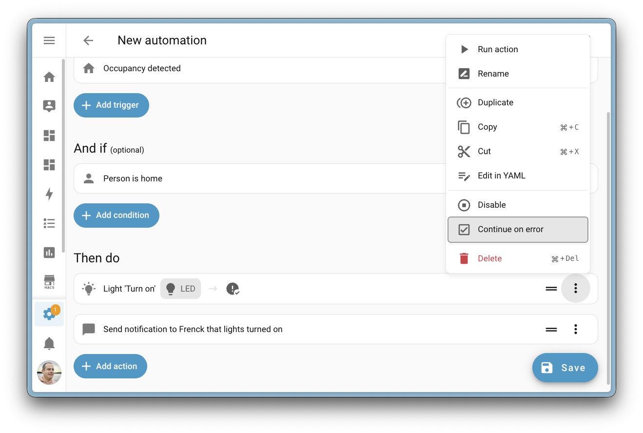 Screenshot of the automation editor showing the Continue on error option.