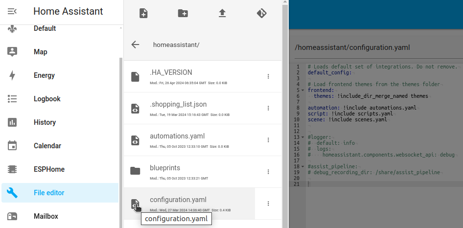 Screenshot of an example of a configuration.yaml file, accessed using the File editor app on a Home Assistant Operating System installation.