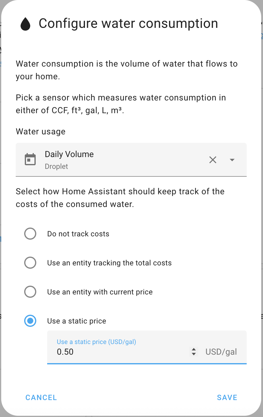 Screenshot of water consumption source picker