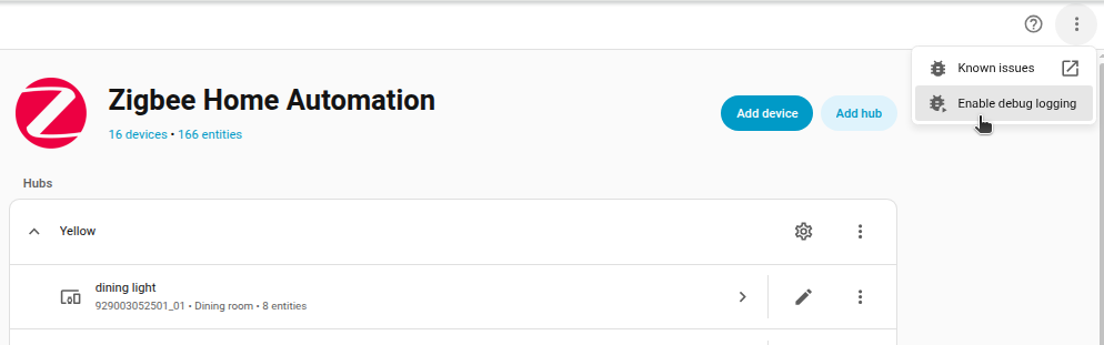 Screenshot showing the Enable debug logging button on an integration detail page