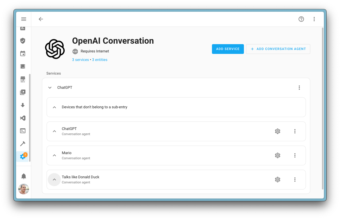 Screenshot showing the overhauled integration page, showcasing multiple personalities for the OpenAI Conversation integration.