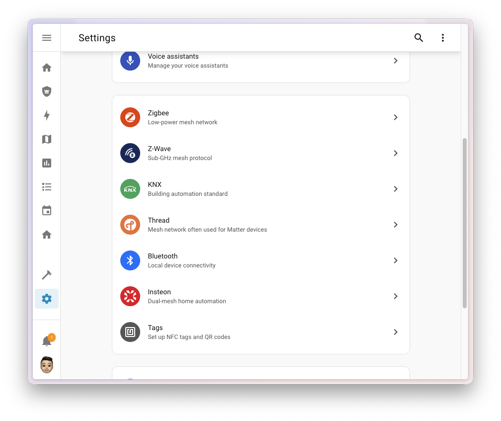 Screenshot showing the new protocols section in the Settings page with Matter, Zigbee, Z-Wave, Thread, Bluetooth, KNX, and Insteon.