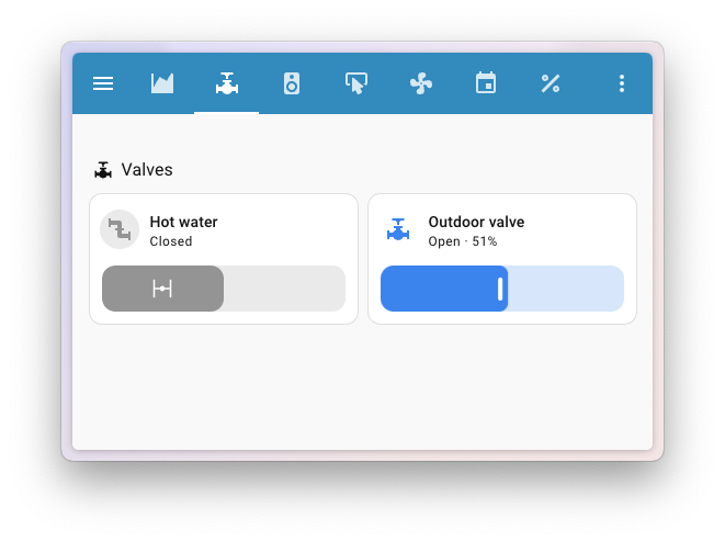 Screenshot showing a tile card using the new open/close and valve position features
