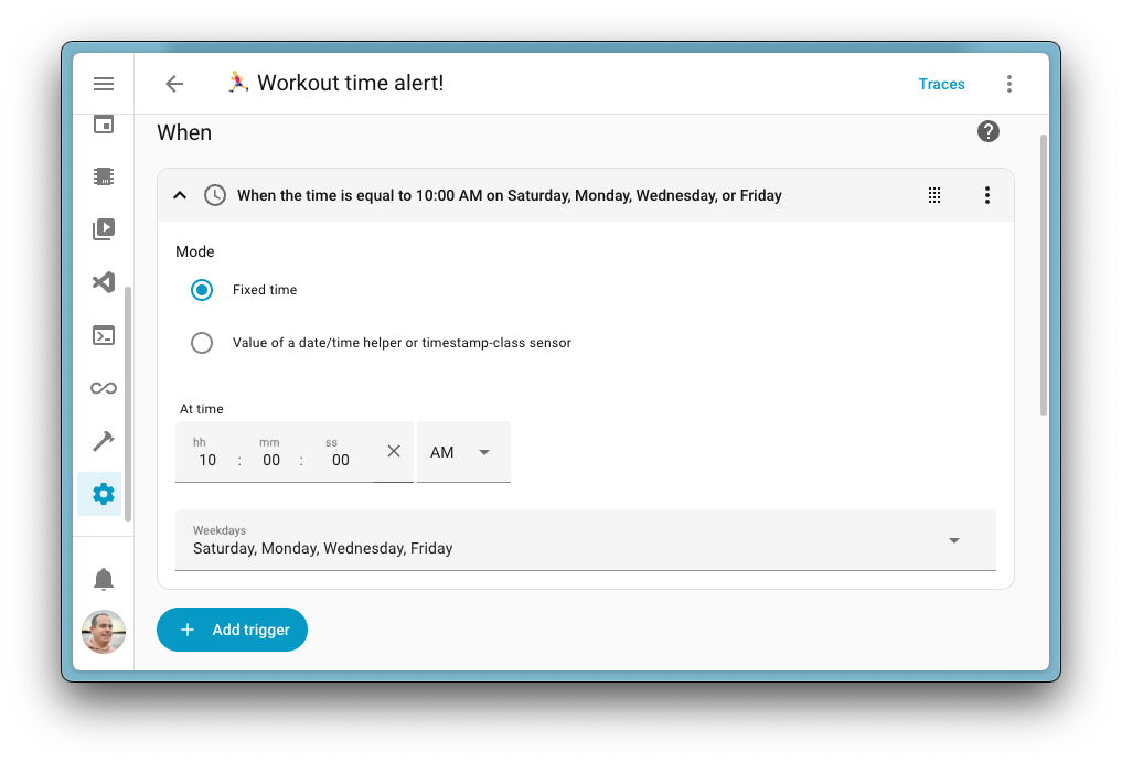 Screenshot showing the new weekday option when using the time trigger