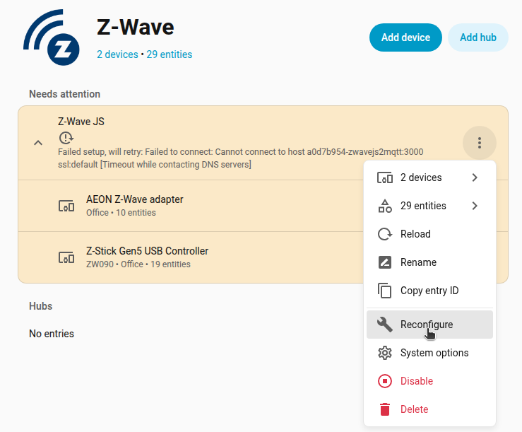Reconfiguring the Z-Wave integration