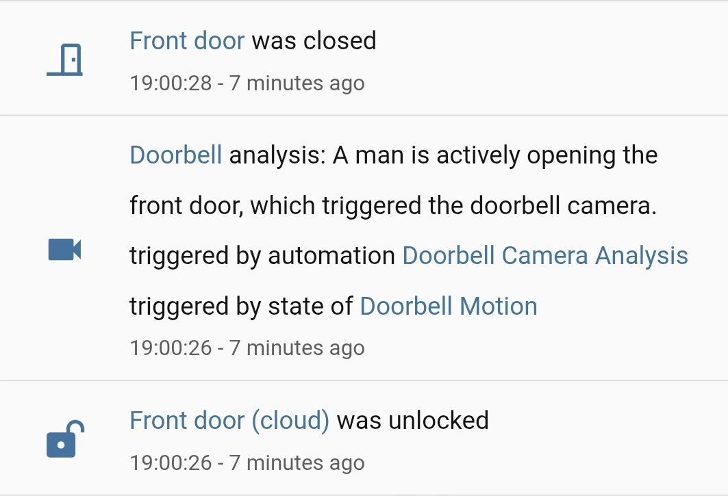 Activity view in Home Assistant of the doorbell image analyzed by AI Tasks
