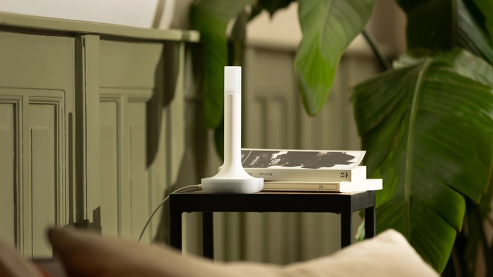 The Home Assistant Connect ZBT-2 device placed next to a stack of books on a black side table, next to a large green houseplant.
