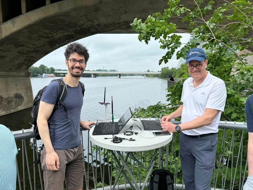 Dominic with our stick prototype alongside DrZWave with the controller reference design. Uwe is on the other bridge, 0.7 miles away